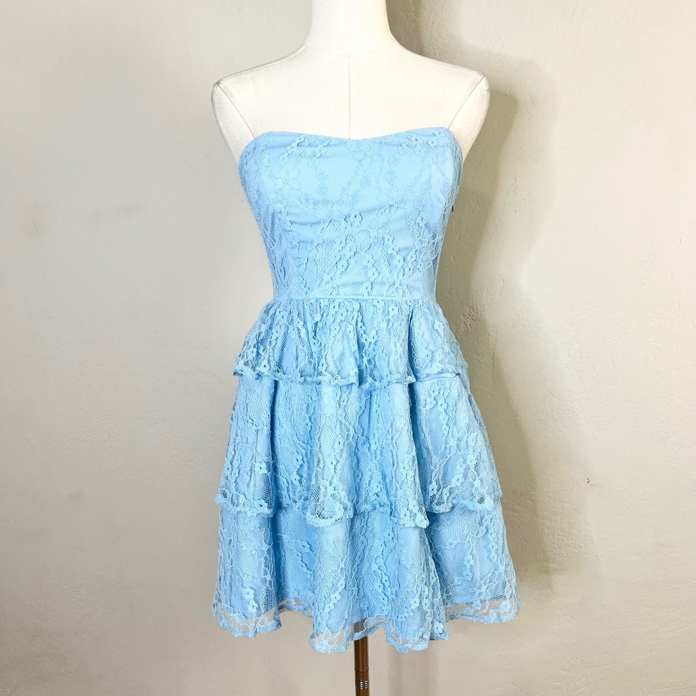 Lulus Mini Dress Strapless Lace Tiered Ruffle Size Small Blue New Fit‎ & Flare